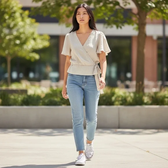 OLM Flutter Sleeve Beige Mock Wrap V Neck Top - Picture 2 of 7